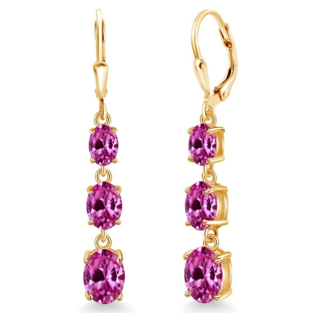 18K Yellow Gold with 6.10 Cttw 3 Stone Pink Sapphire Leverback Drop Earrings
